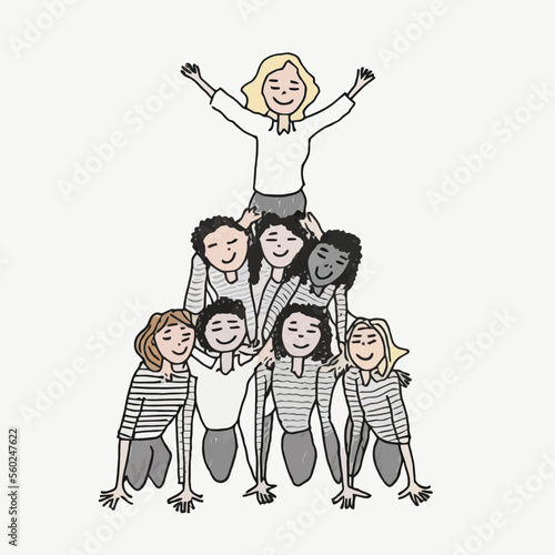 businesswoman leading a pyramid of her female colleagues. It represents the leadership of women in business and makes a remarkable visual impact.