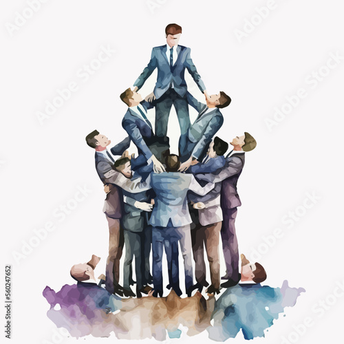 Celebration of the power of women in business with an allegorical human pyramid. Watercolor style and vectors, to illustrate leadership and success.