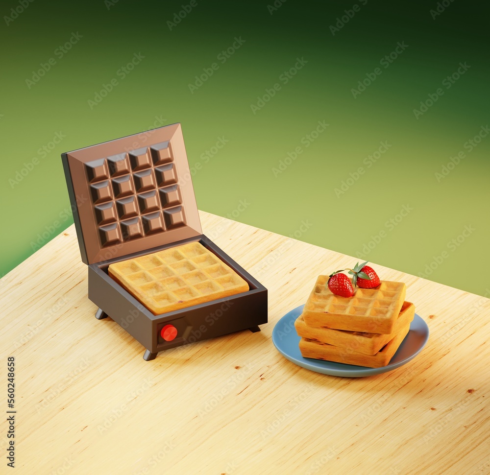Belgian waffle in a waffle iron strawberries, 3d illustration
Belgian waffle in a waffle iron strawberries, 3d illustration