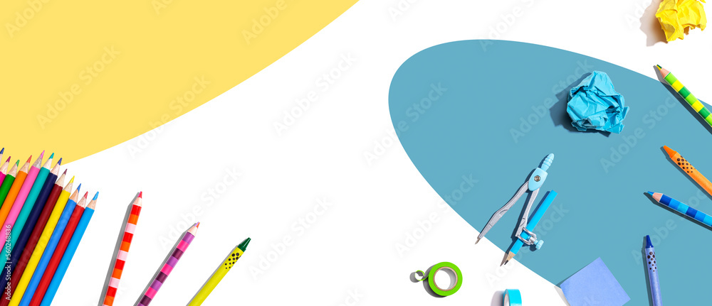 Collection of school supplies overhead view - flat lay Collection of school supplies overhead view - flat lay