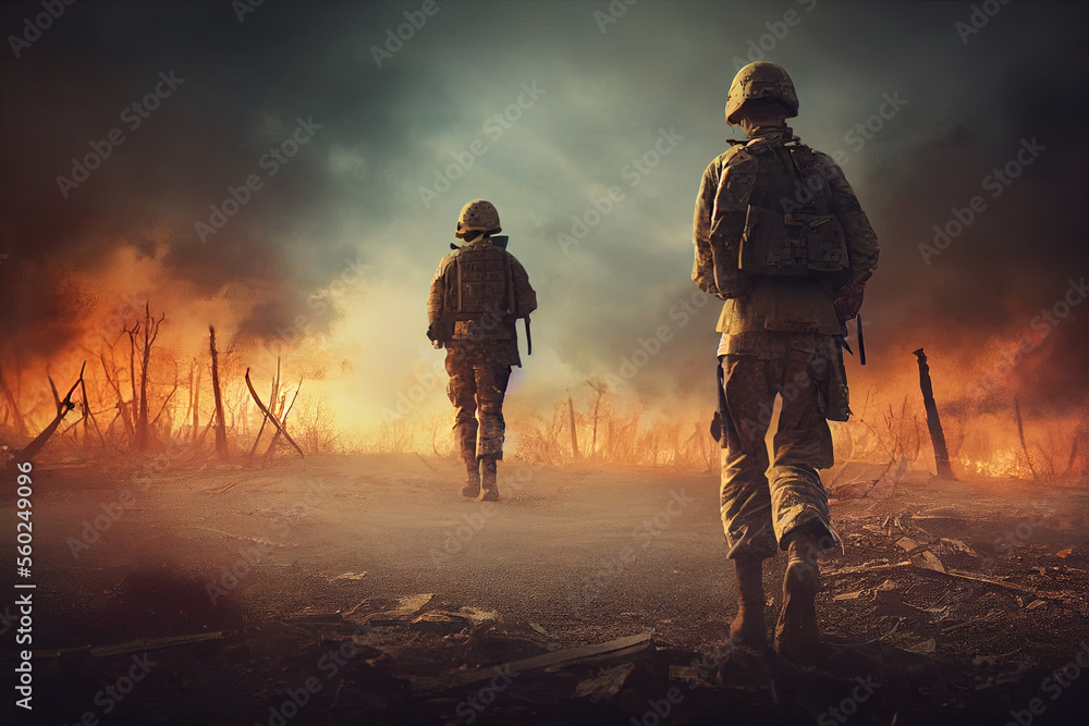 Soldiers siluettes on battlefield, fire and smoke clouds in background Soldiers siluettes on battlefield, fire and smoke clouds in background