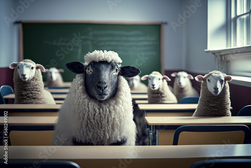 Sheep in a classroom. Generative AI photo
