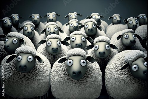Herd of staring sheep. Generative AI photo