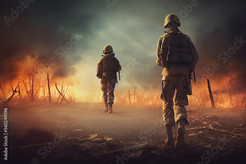 Soldiers siluettes on battlefield, fire and smoke clouds in background © neirfy