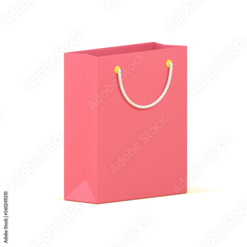 Paper package pink shopping bag with handles festive gift present carrying 3d icon realistic vector