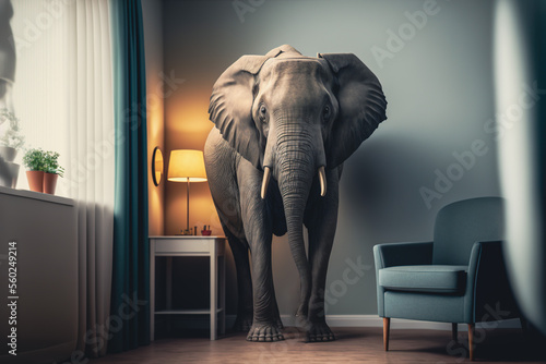Elephant in a room, with furniture and plants, Generative AI