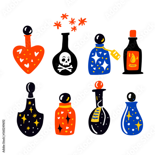 Magic potion bottles set. Love potion, death poison in different bottles. Vector illustrations collection isolated on white background.