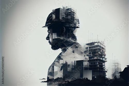 Building construction enginer, building industry concept, double exposure of man's profile with construction site, illustration photo