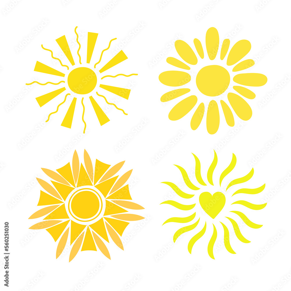 Simple yellow suns set vector flat illustration with round shape middle, cute summer image for making cards, decor, vacation concept and holiday and summertime design for children Simple yellow suns set vector flat illustration with round shape middle, cute summer image for making cards, decor, vacation concept and holiday and summertime design for children