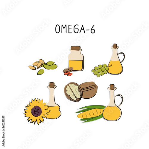Omega-6-containing food. Groups of healthy products containing vitamins and minerals. Set of fruits, vegetables, meats, fish and dairy.