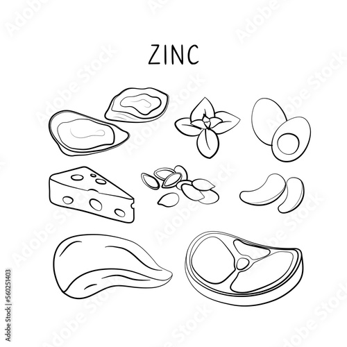 Zinc-containing food. Groups of healthy products containing vitamins and minerals. Set of fruits, vegetables, meats, fish and dairy
