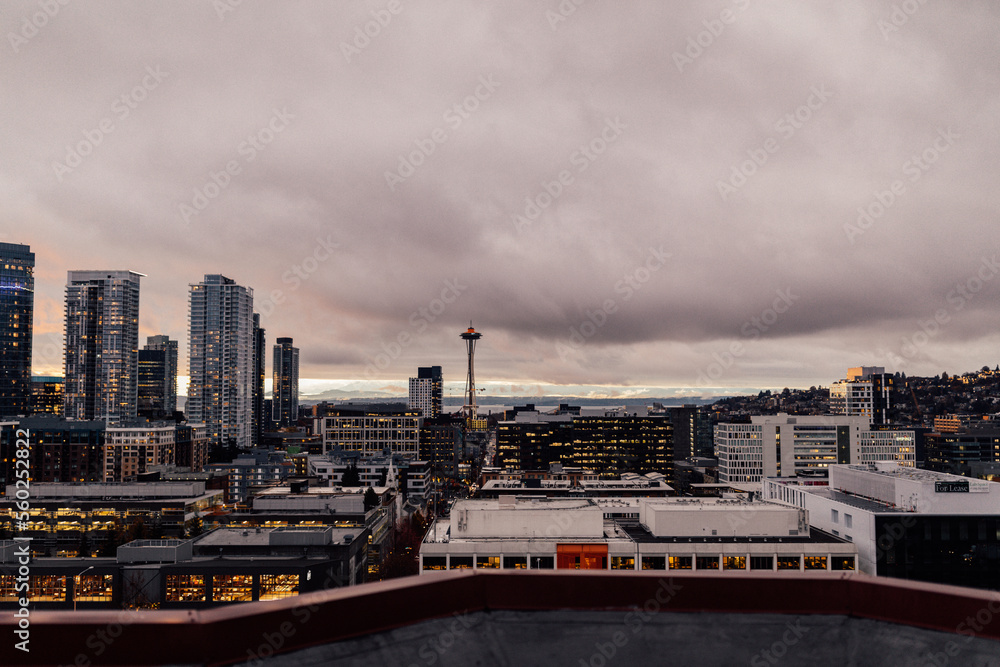 gray, cloudy cityscape of Seattle with the Space Needle
