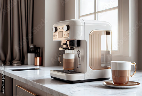 Foto illustration of coffee machine and cups of coffee latte on counter in modern kit