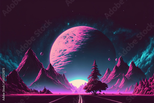 Paesaggio in stile synthwave anni  80 con montagne e pianeti