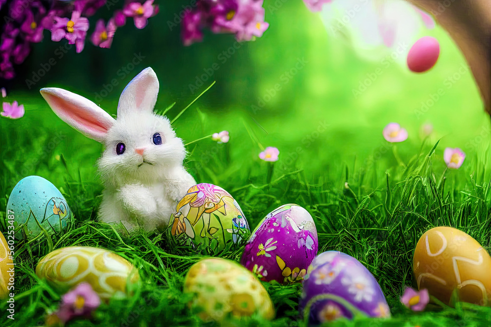  Foto zu Osterhase Hase Ostern Osternest bunte Eier gefärbte Eier Symbol Kultur 