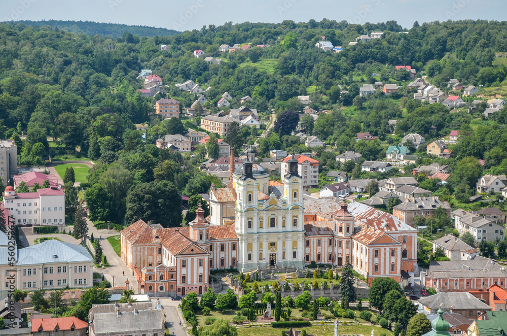 Aerial view to Jesuit Monastery and Seminary is one of the main attractions of Kremenets, the most beautiful building of the city, which is its symbol. Ternopil region, Ukraine