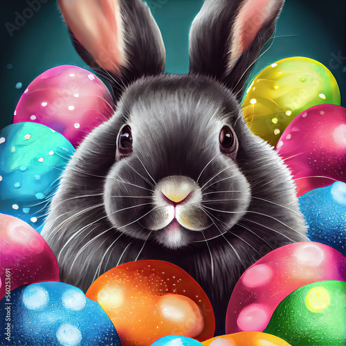 Osterhase Hase Ostern Osternest bunte Eier gefärbte Eier Symbol Kultur Frühling Natur Grafik Card Karte Cover Background Generative AI Digital Art Illustration photo