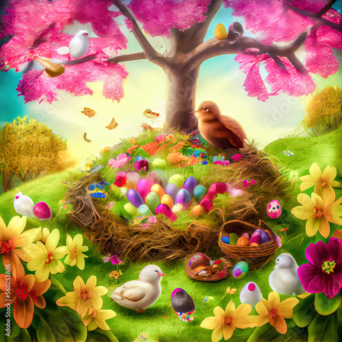 Osterhase Hase Ostern Osternest bunte Eier gefärbte Eier Symbol Kultur Frühling Natur Grafik Card Karte Cover Background Generative AI Digital Art Illustration photo