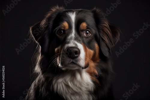 Bernese Mountain dog portrait on black background, looking into a camera. Created with generative ai