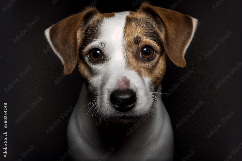 Dog portrait on dark background. Cute jack russell terrier looking into camera. Created with generative ai