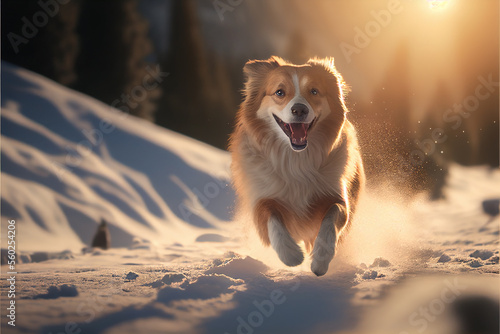 Cute dog portrait with snow background. Active dog at winter season outdoors. Created with generative ai © Lazy_Bear