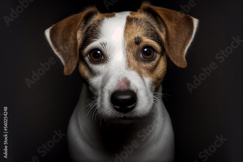 Dog portrait on dark background. Cute jack russell terrier looking into camera. Created with generative ai