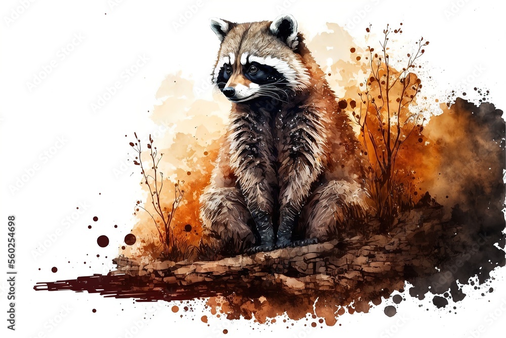 Watercolor style raccoon. AI