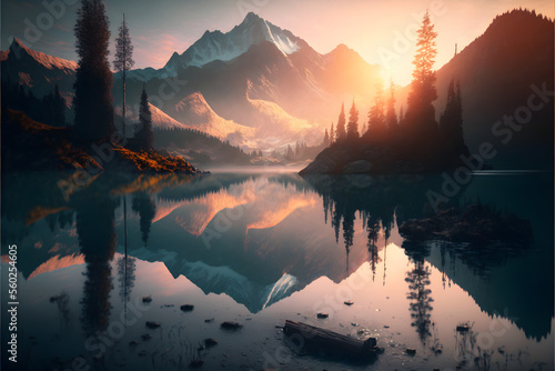The Calm of Dawn: A serene lake under the sunrise, Generative AI