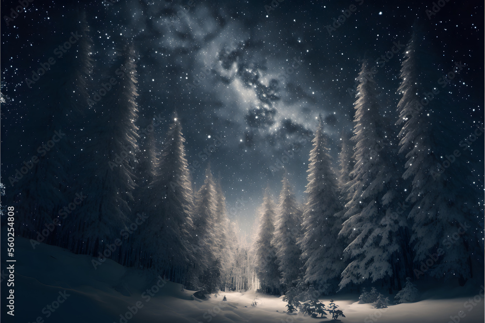 A Winter Night's Dream: Snowy Forest with Twinkling Stars Above, Generative AI