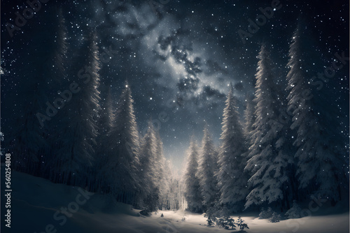 A Winter Night's Dream: Snowy Forest with Twinkling Stars Above, Generative AI © Forge Spirit