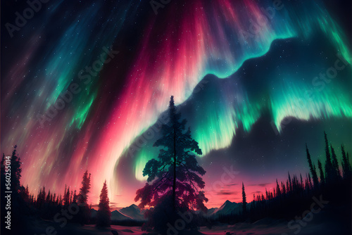 The Northern Lights: A Stunning Display of Colors and Patterns in the Skybig tree infront, Generative AI © Forge Spirit