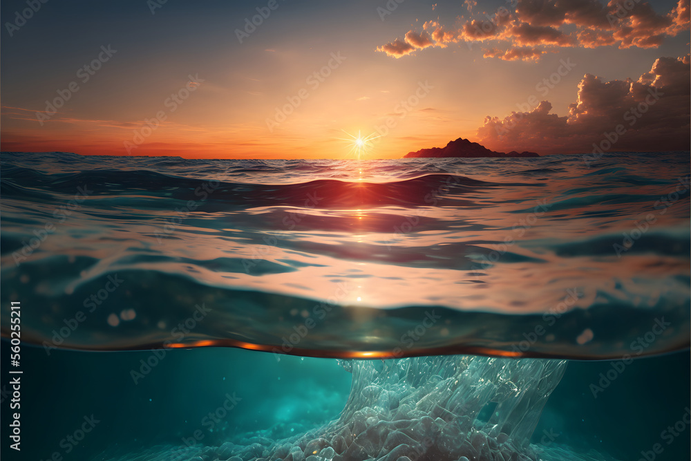 The Beauty of Nature: A Crystal Clear Ocean and Sunset, Generative AI