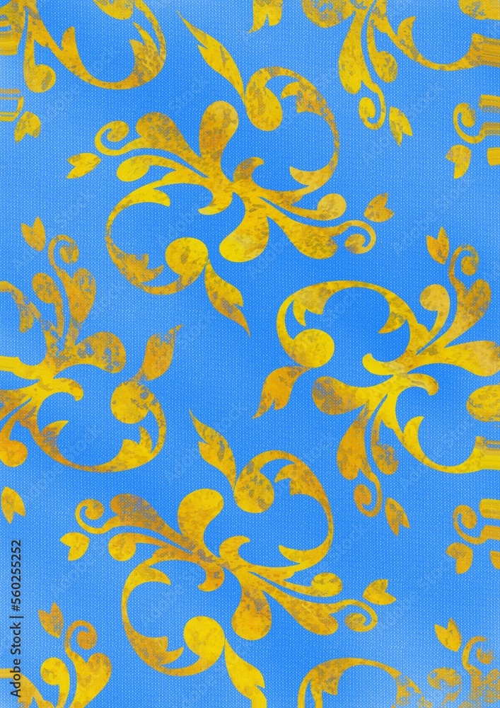 Illustration blauer Stoff mit floralen Ornamenten Muster in Gold alt verwittert, wie ein Vorhang, Tapete oder Gobelin, edle Schönheit als Hintergrund oder Vorlage