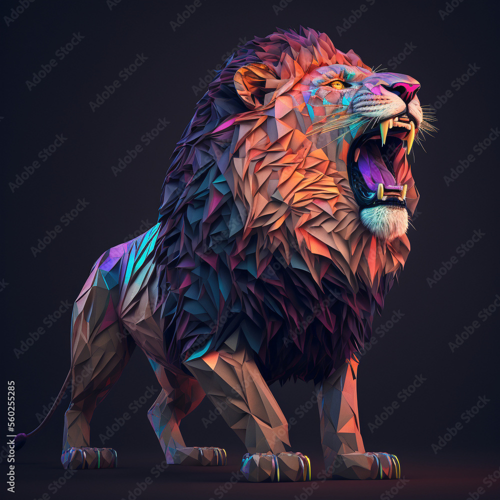 Generative AI Illustration of low polygonal Lion roaring with mouth ...