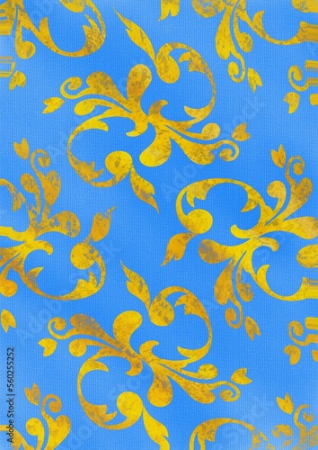 Illustration blauer Stoff mit floralen Ornamenten Muster in Gold alt verwittert  wie ein Vorhang  Tapete oder Gobelin  edle Sch  nheit als Hintergrund oder Vorlage