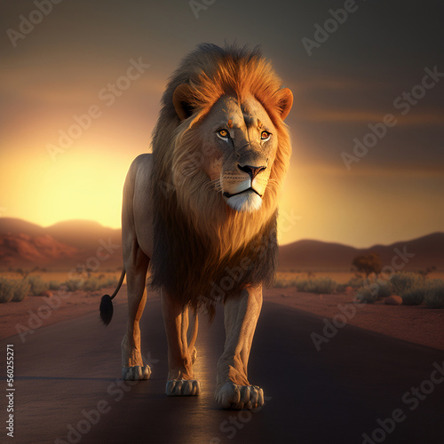 Generative AI Illustration of Lion in middle of road with beautiful landscape in background, leadership concept image © veneratio