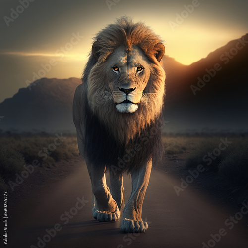 Generative AI Illustration of Lion in middle of road with beautiful landscape in background  leadership concept image