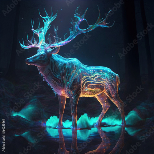 Generative AI Illustration of irridescent vibrant Red Deer Stag with antlers in woodland photo
