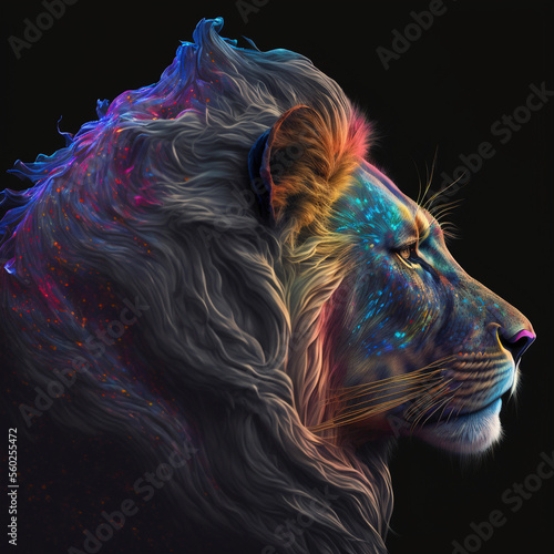 Generative AI Illustration of vibrant portrait of irridescent Lion side profile photo