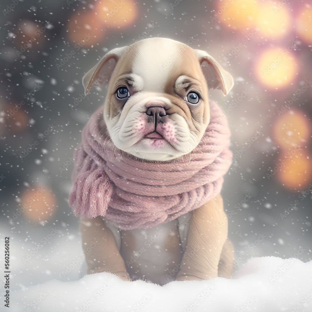 A very sweet baby American Bulldog puppy, wearing a soft pink wool scarf,  is posing outside in a light snowfall on a snow covered ground.  This is a pet dog.  Image was created with digital art.