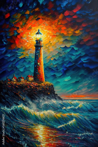 Beautiful Landscape oil painting masterpiece, lighthouse on a cliff, art illustration 