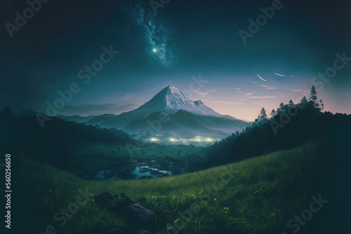 evening landscape, grass, mountain, starry sky, art illustration 