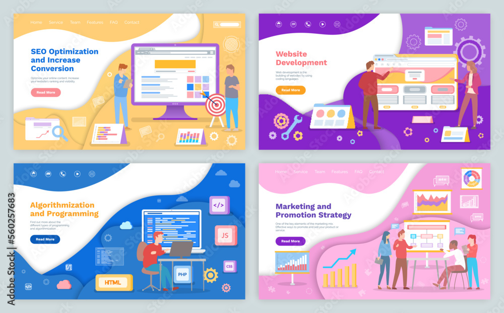 Seo optimization and increase conversion, Website development, Algorithmization and programming, Marketing and promotion strategy landing page template set. Innovative ideas for business promotion