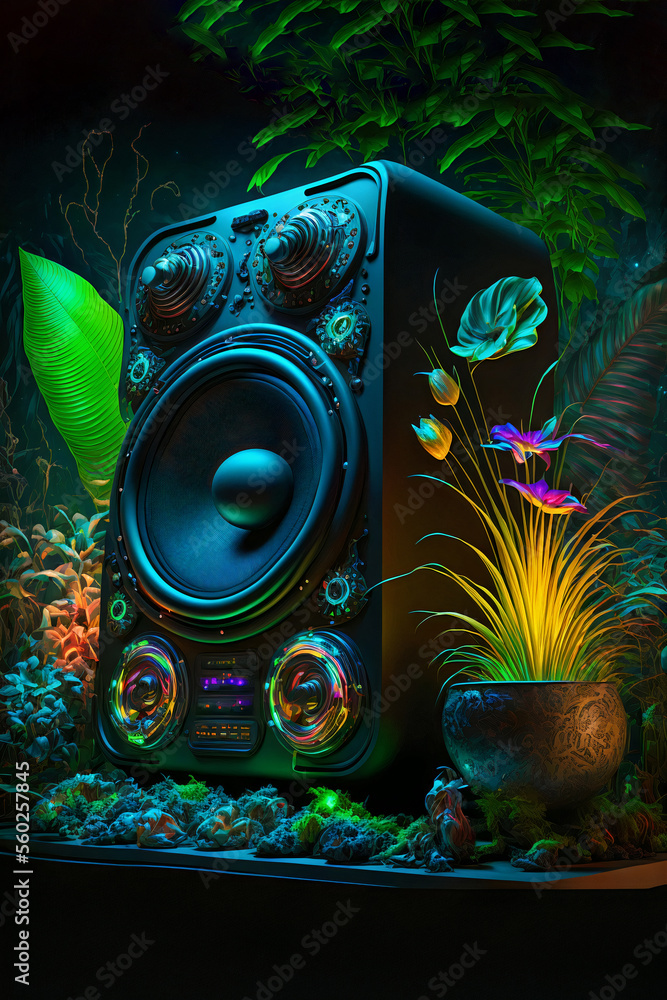 Naklejka premium Sistema de sonido acústico futurista de alta fidelidad. IA generada. Fondo de música de altavoz retro vintage con decoraciones florales futuristas cyberpunk y luces de neón.