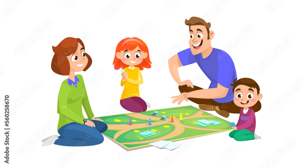 A happy young family playing a board game together. A group of parents, children, and friends are spending quality time with table games. Cartoon style vector illustration isolated on white background