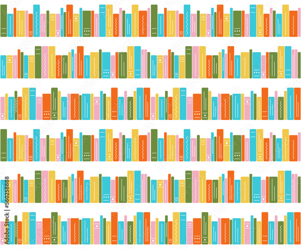 Seamless pattern of bookshelves on a white background. Illustration of bright books, children library. Literature, reading, knowledge, learning. Vector illustration. Seamless pattern of bookshelves on a white background. Illustration of bright books, children library. Literature, reading, knowledge, learning. Vector illustration.