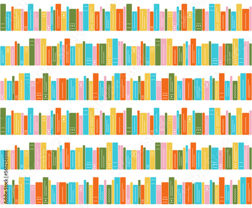 Seamless pattern of bookshelves on a white background. Illustration of bright books, children library. Literature, reading, knowledge, learning. Vector illustration.