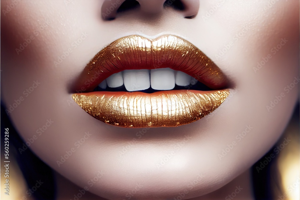 Close up of woman lips with gold lipstick. Generative AI. Close up of woman lips with gold lipstick. Generative AI.