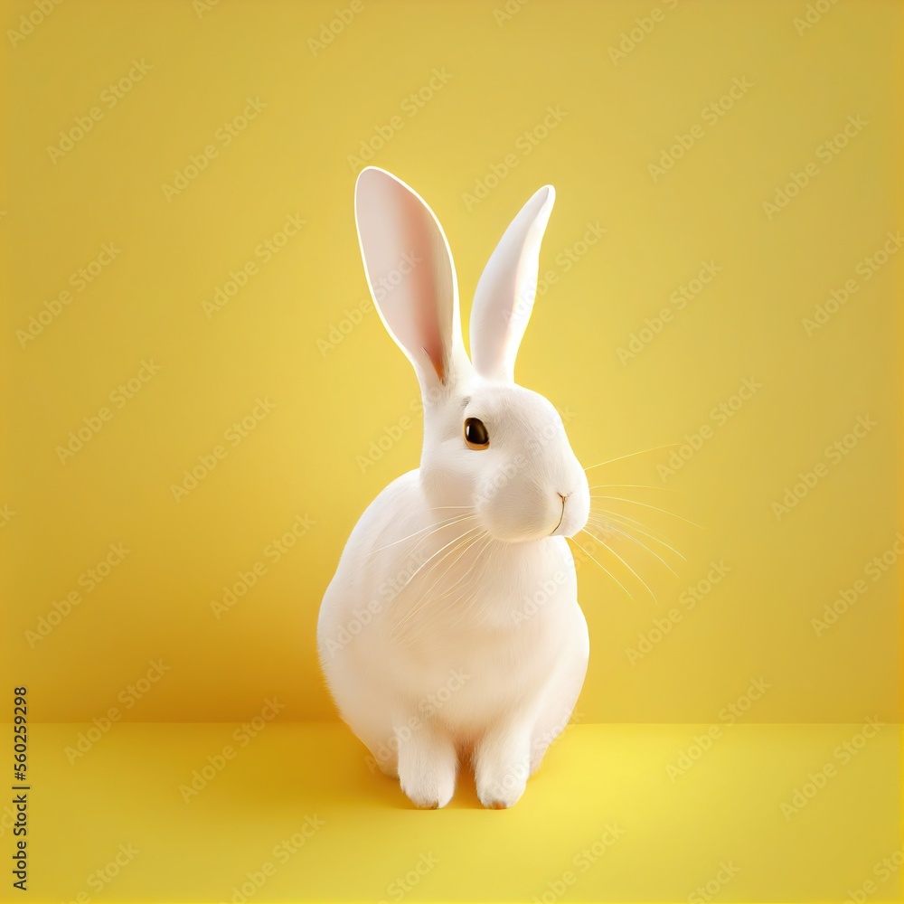 White Easter Bunny Rabbit Isolated On Yellow Background. Generative AI.