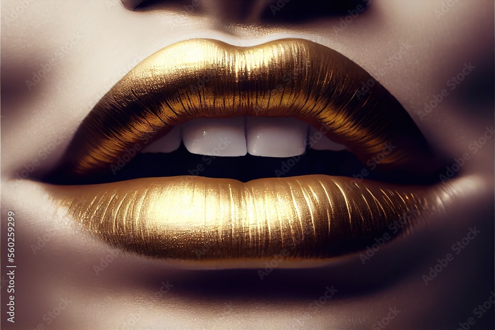 Close up of woman lips with gold lipstick. Generative AI. Close up of woman lips with gold lipstick. Generative AI.